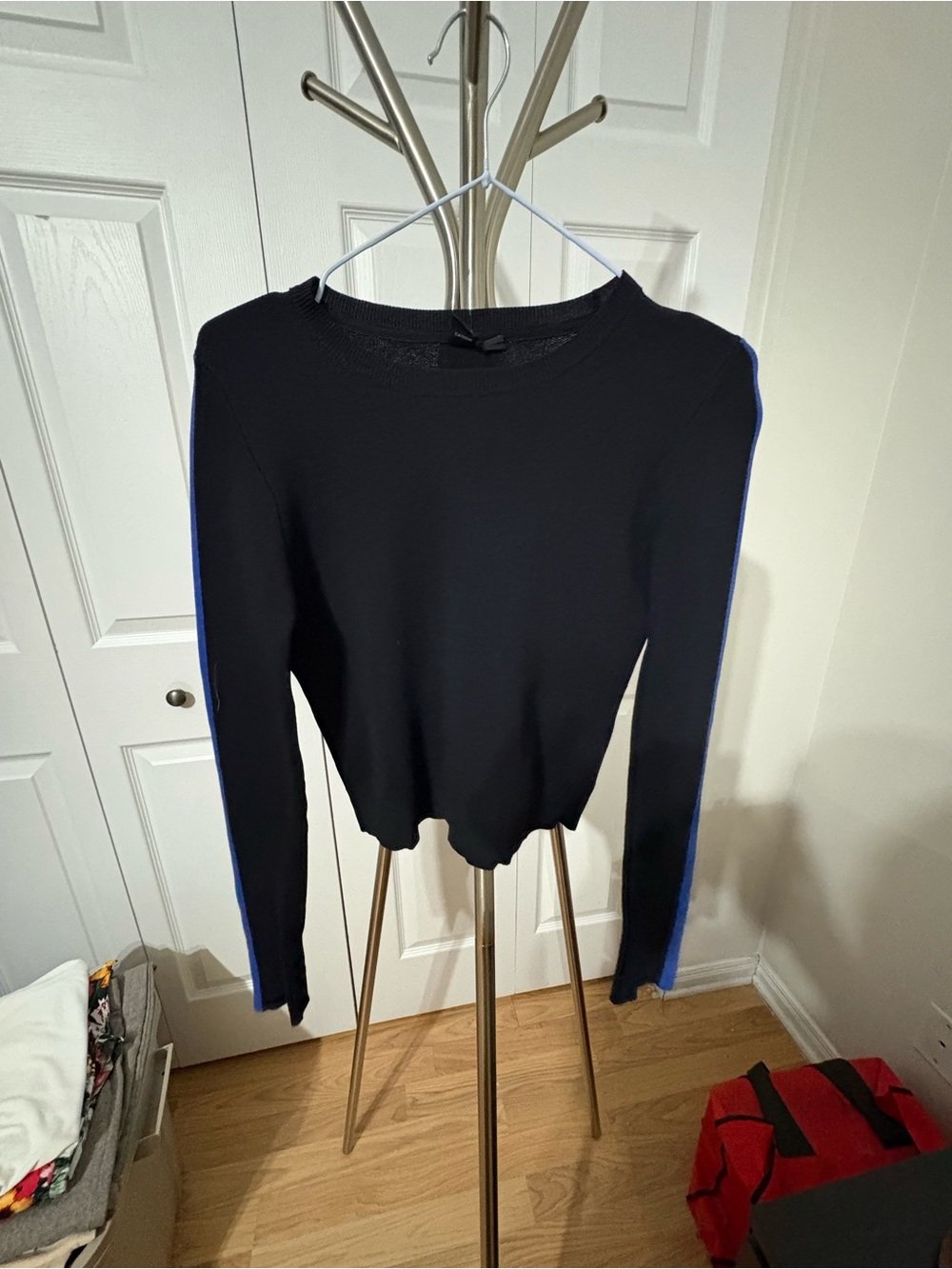 Black Crewneck Long-Sleeve Sweater with Blue Side Stripes